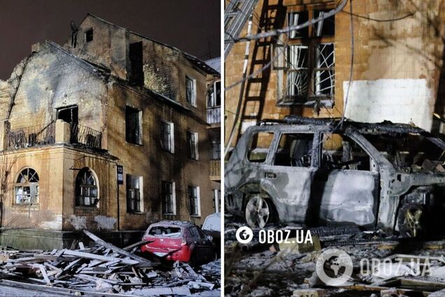 Изуродованный дом и сгоревшее авто: кадры последствий удара РФ в Днепровском районе Киева