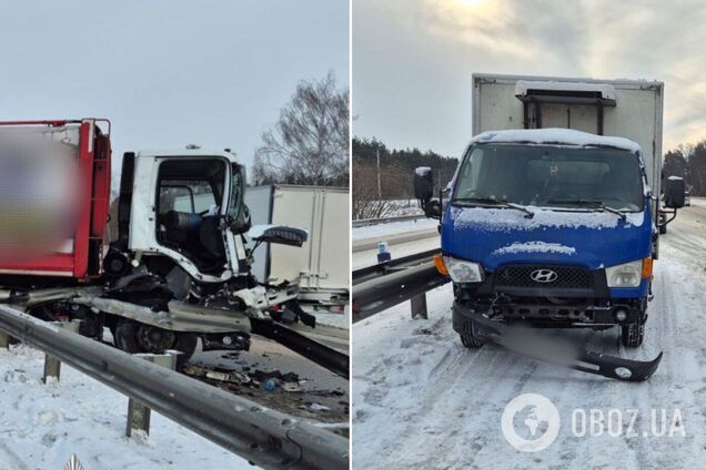 На Київщині сміттєвоз та вантажівка після зіткнення протаранили відбійник: є постраждала. Фото та відео