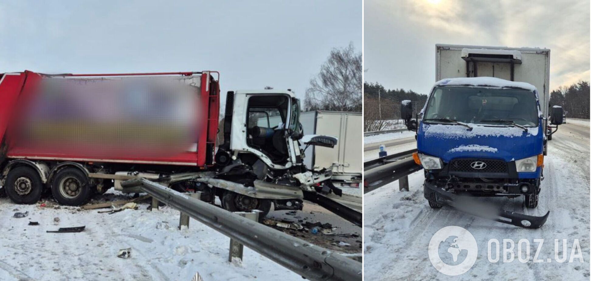 На Київщині сміттєвоз та вантажівка після зіткнення протаранили відбійник: є постраждала. Фото та відео