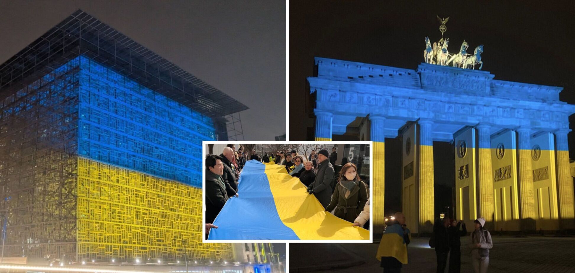Світ виражає солідарність з Україною: Бранденбурзькі ворота і Ейфелеву вежу підсвітили у синьо-жовті кольори. Фото і відео