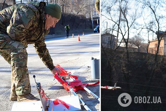 В Запорожье обезвредили вражеский дрон, который запутался в высоковольтных проводах. Фото