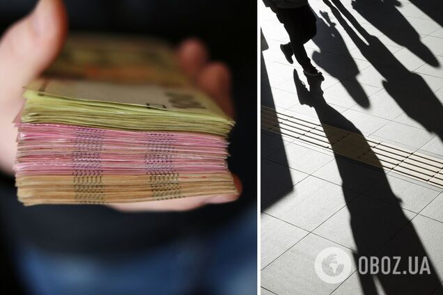 Купюри гривні та тіні людей як символ тіньової економіки