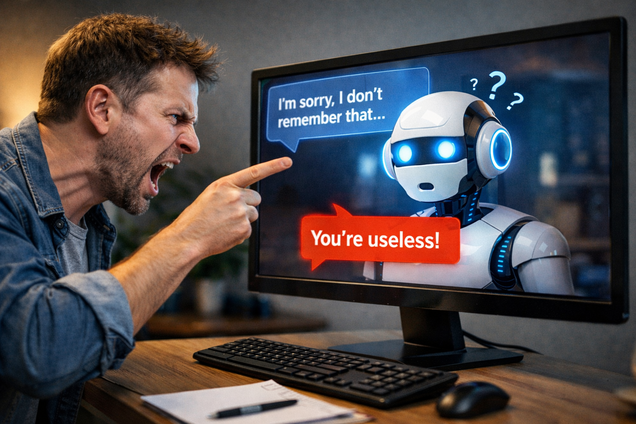 Иллюстрация: мужчина недоволен работой ИИ-чатбота