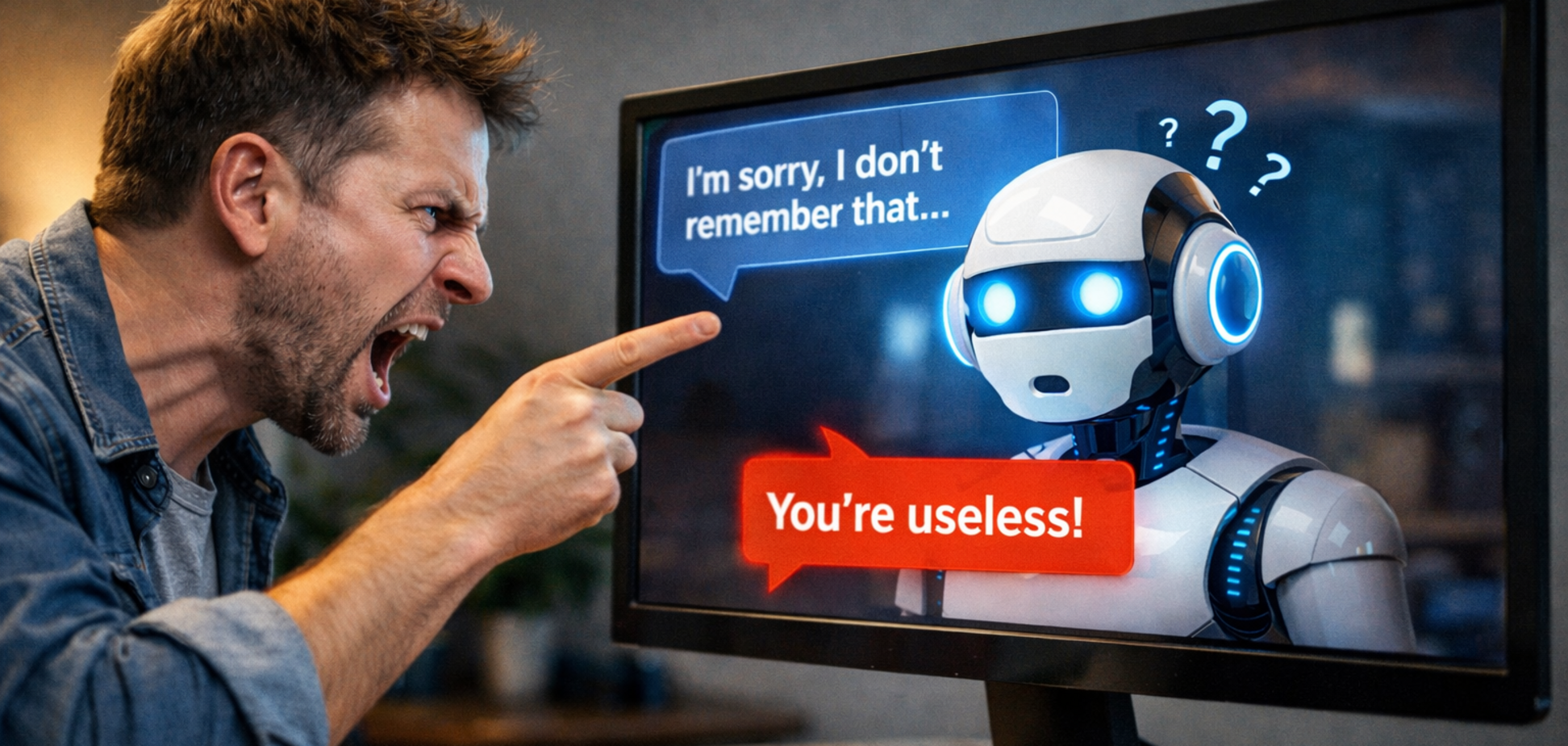 Ілюстрація: чоловік незадоволений роботою ШІ-чатботу