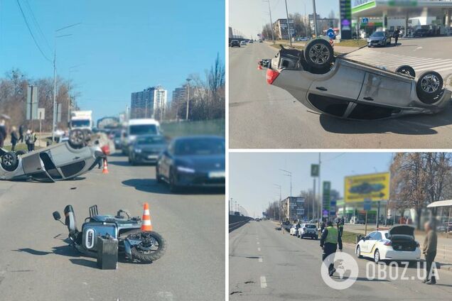 У Києві п’яний водій легковика протаранив електроскутер: машина перекинулась, є постраждалий. Фото
