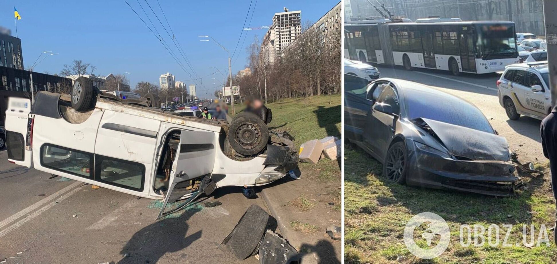 У Києві після зіткнення з Tesla перекинувся мікроавтобус: є постраждалі. Подробиці, фото та відео