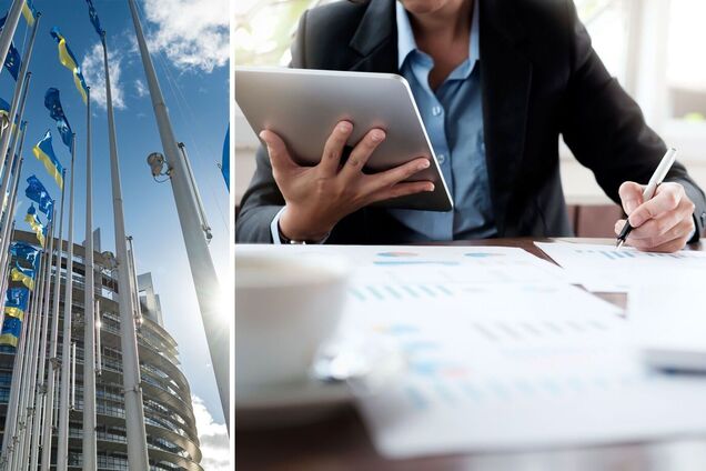 Флаги ЕС и Украины, расчет налогов. Иллюстрация