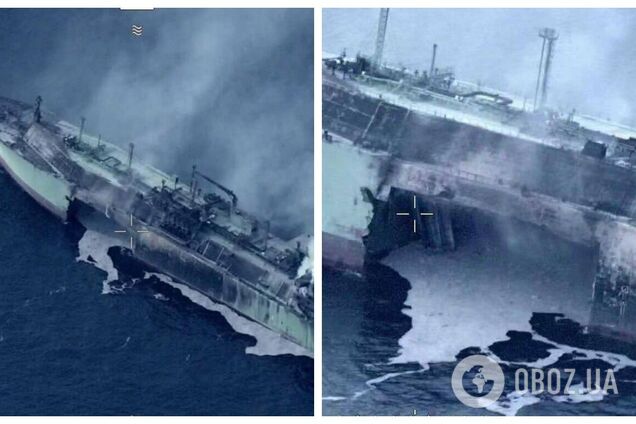 Вибух майже розколов навпіл: з'явились фото атакованого в Середземному морі танкера РФ, у Москві скаржаться на Україну
