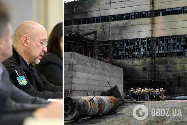 Денис Шмигаль на нараді 6 березня та пошкоджена російськими атаками ТЕС. Ілюстрація