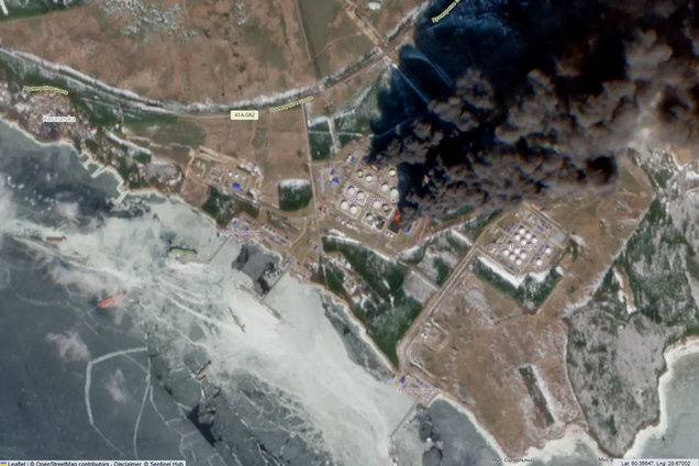 Супутниковий знімок. Горять резервуари для зберігання сирої нафти на російському Приморському нафтогазовому терміналі.