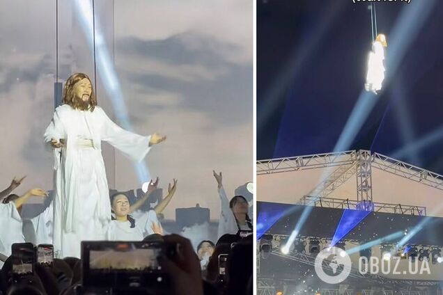 Украл идею у Jerry Heil? В сети завирусилось видео с пасхального концерта в Южной Корее, где актер в образе Иисуса Христа 'взлетел' над небоскребами
