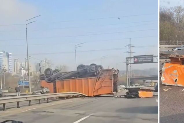 В Киеве на Столичном шоссе мусоровоз протаранил отбойник и перевернулся: есть травмированный. Видео и подробности