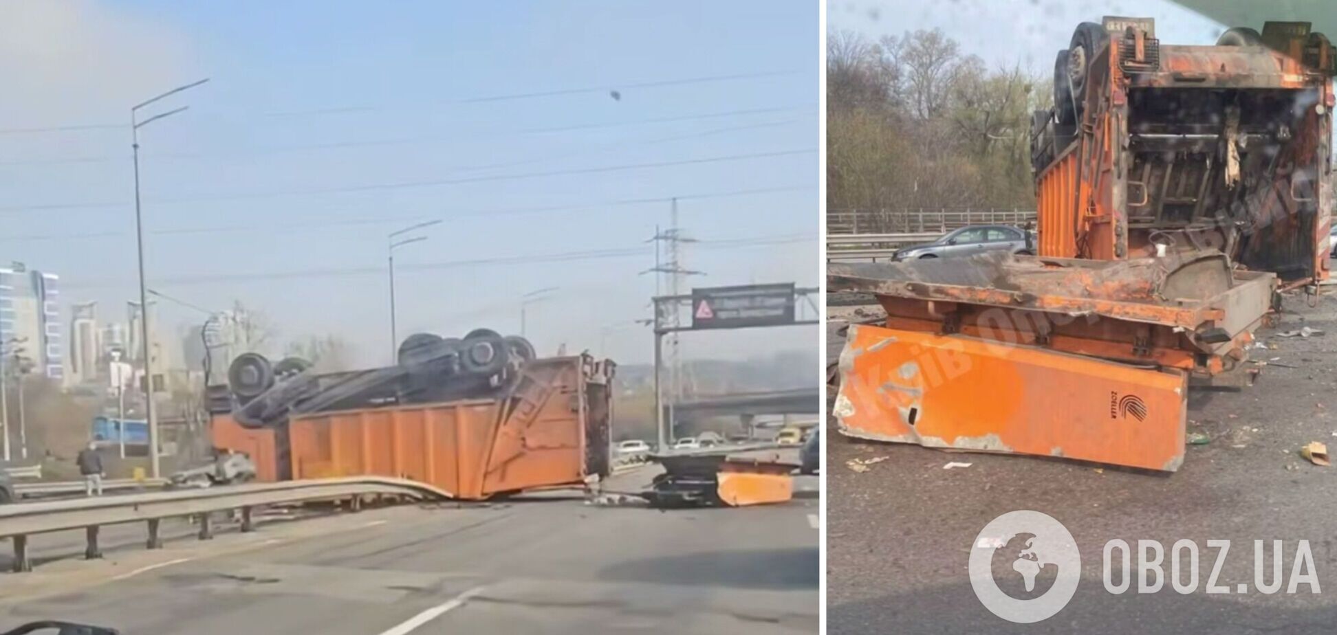 В Киеве на Столичном шоссе мусоровоз протаранил отбойник и перевернулся: есть травмированный. Фото, видео и подробности