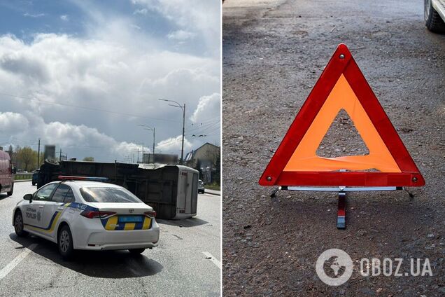 В Киеве в результате ДТП перевернулся микроавтобус: образовалась пробка. Подробности, фото и видео