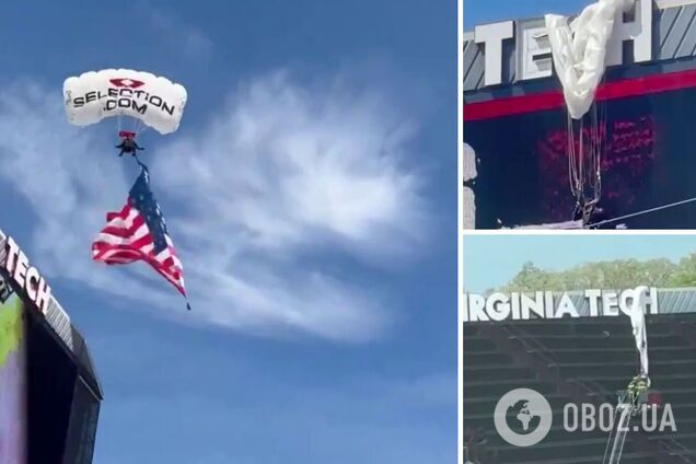 Парашютист в США на полной скорости влетел в табло стадиона. Видео