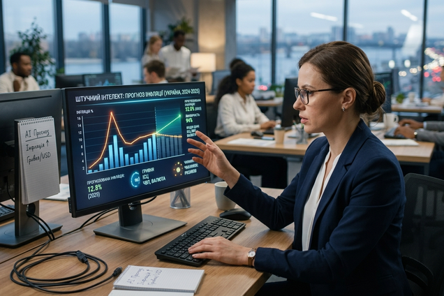 Ілюстрація: Дівчина в офісі за комп'ютером як ілюстрація людини, когда аналізує дані та займається прогнозуванням