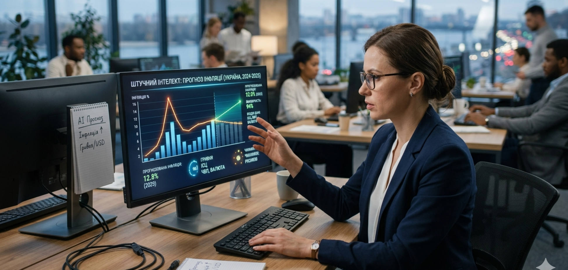 Ілюстрація: Дівчина в офісі за комп'ютером як ілюстрація людини, когда аналізує дані та займається прогнозуванням