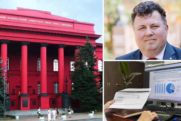 Фотографія головного корпусу КНУ, фотографія ректора КНУ Володимир Бугров та ілюстративне зображення монітору з графіком як ілюстрація подання декларації