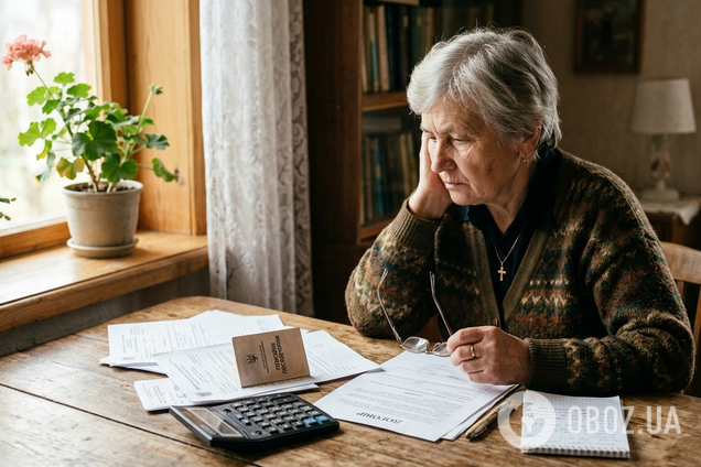 Пенсионерка сидит в квартире с документами, пенсионным удостоверением. Иллюстрация