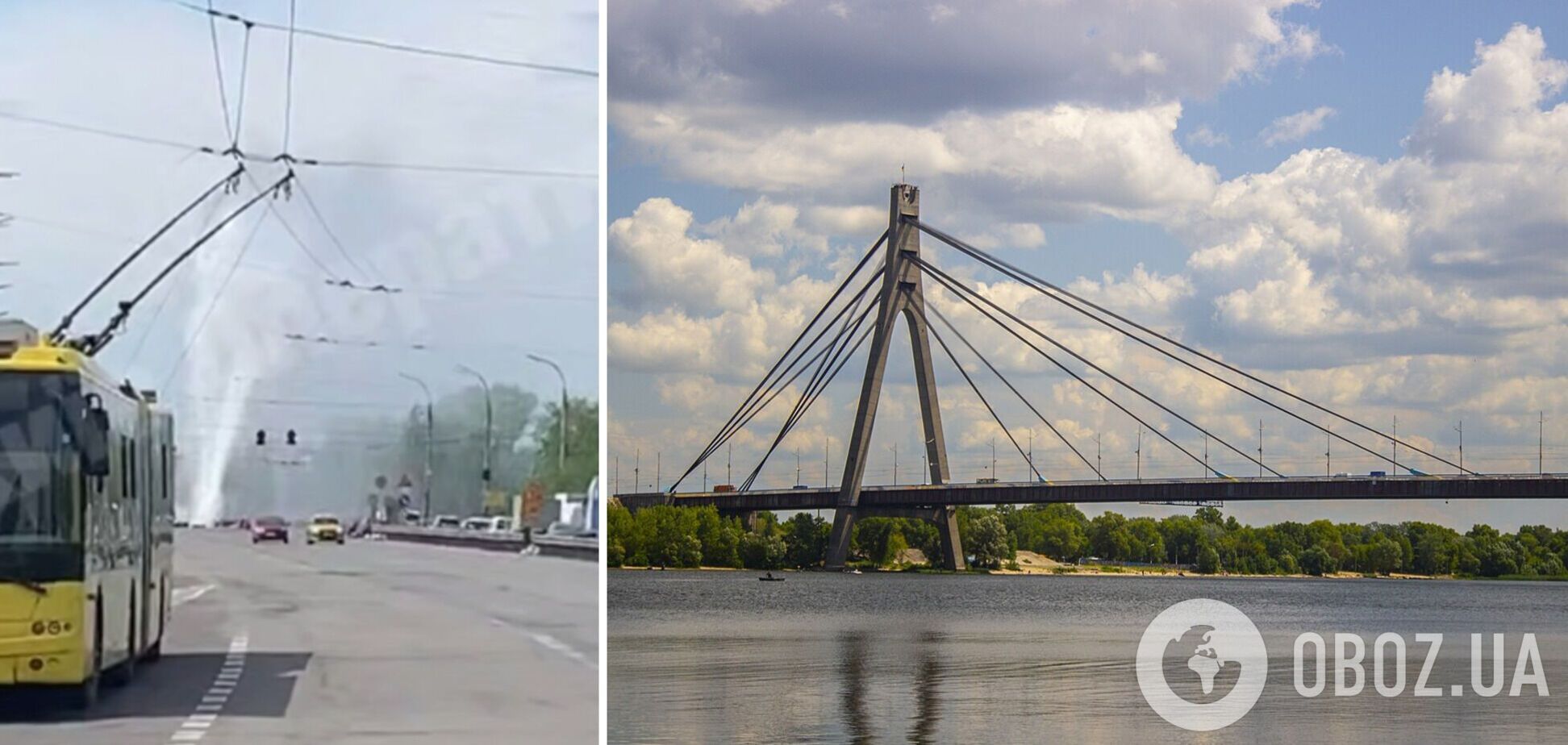 У Києві на Північному мосту прорвало трубу посеред дороги: з-під асфальту бив 10-метровий фонтан. Відео