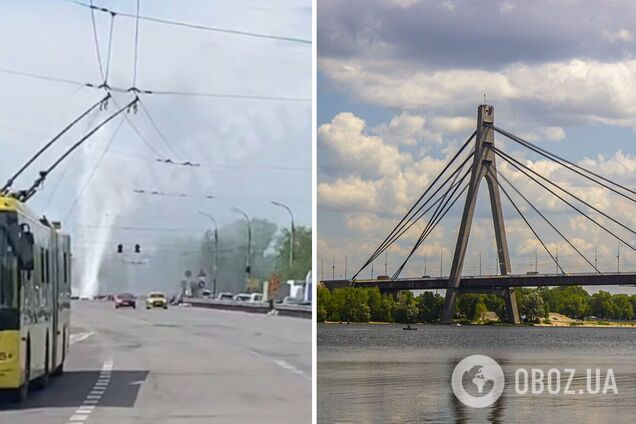 В Киеве на Северном мосту прорвало трубу посреди дороги: из-под асфальта бил 10-метровый фонтан. Видео