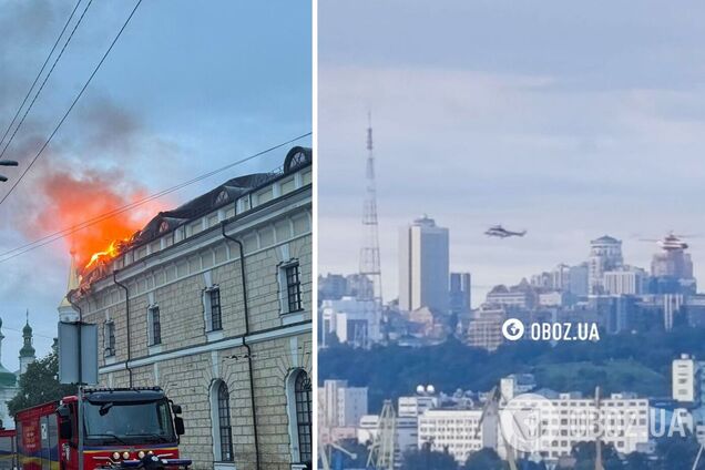 У Києві для гасіння пожеж після російської атаки задіяли гвинтокрили. Фото