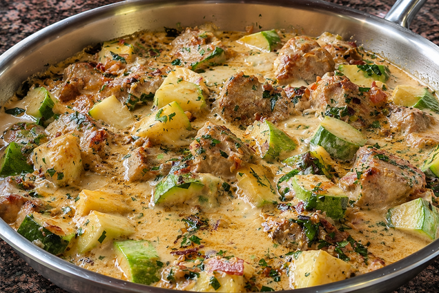 Тушеное мясо с кабачками на сковороде: добавьте нежный сливочный соус