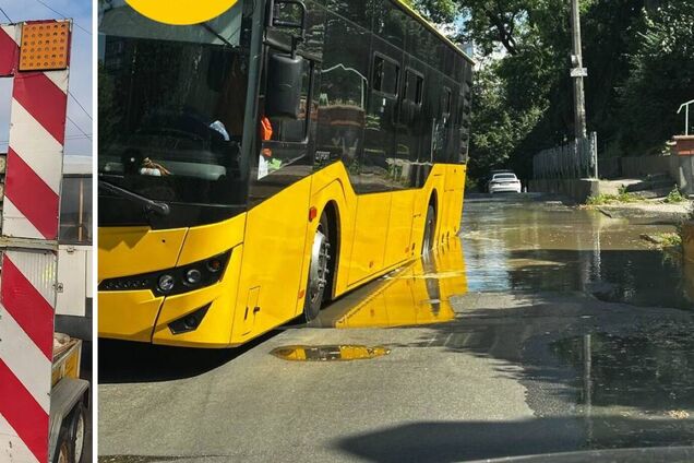 В Киеве автобус провалился в яму, образовавшуюся из-за прорыва трубы. Подробности и фото