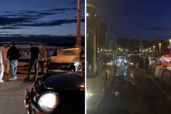 На мосту Патона BMW врезалась в троллейбус: страшный момент запечатлели на видео
