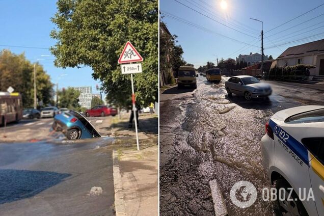 У Києві легковик провалився під землю через прорив труби. Подробиці та фото