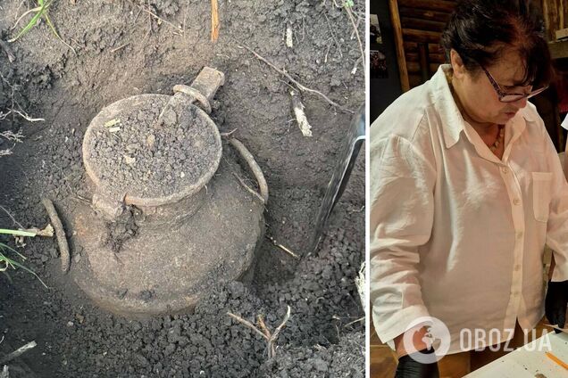 Бидон с архивом ОУН и ученые, изучающие найденные документы.