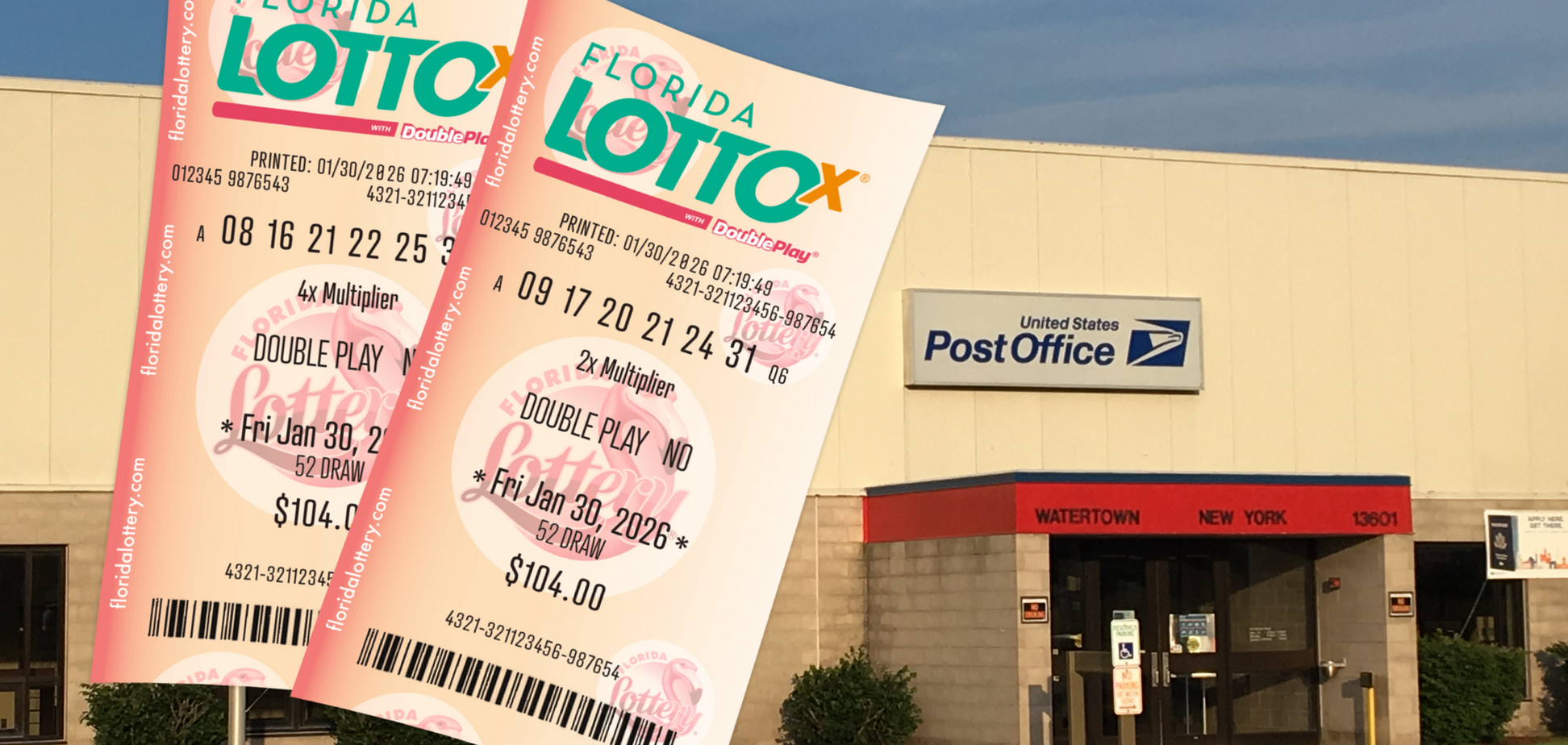 Офис USPS, лотерейные билеты Florida Lottery. Иллюстрация