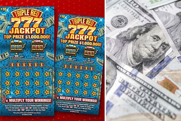 Білети лотереї Triple Red 777 Jackpot і купюри долара. Ілюстрація