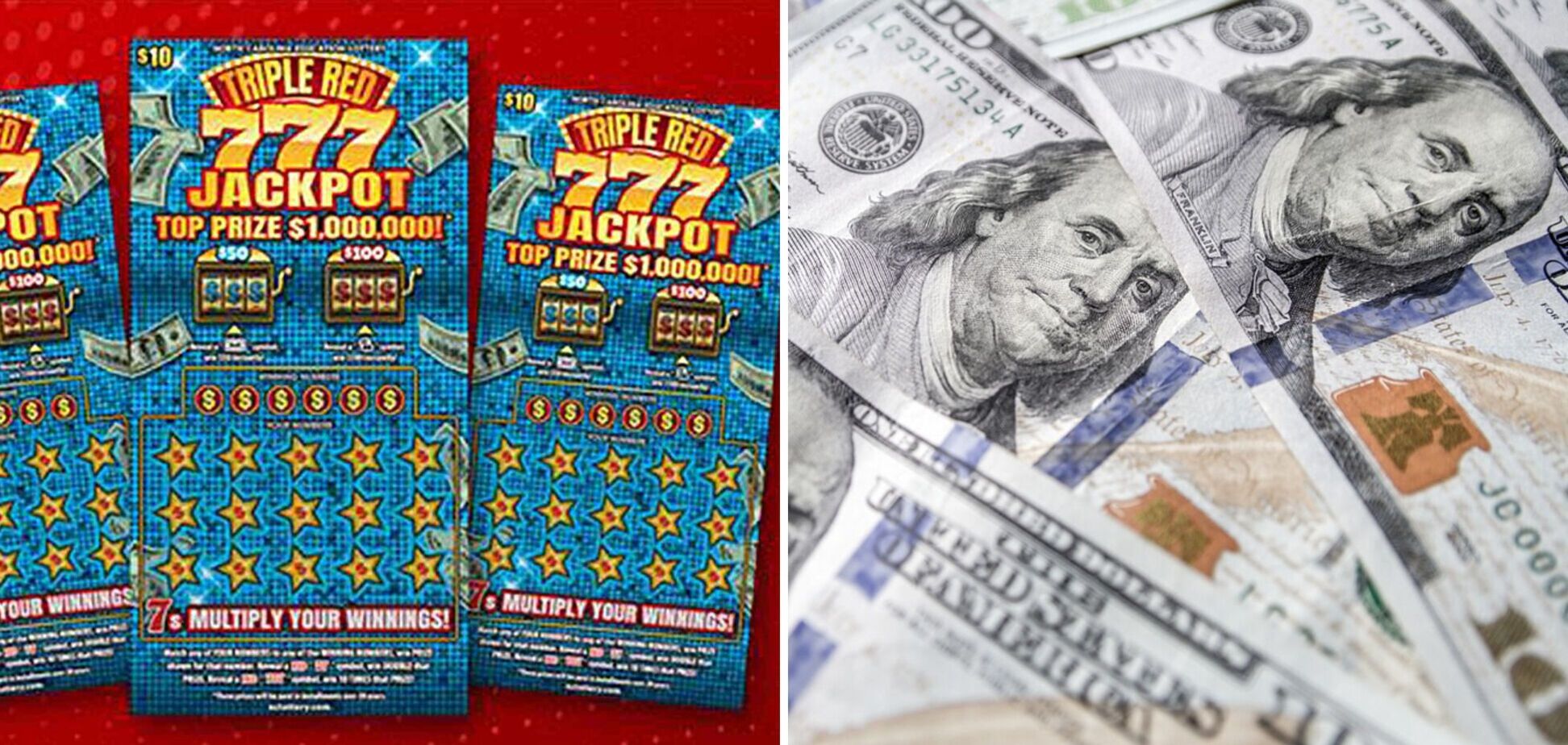 Білети лотереї Triple Red 777 Jackpot і купюри долара. Ілюстрація