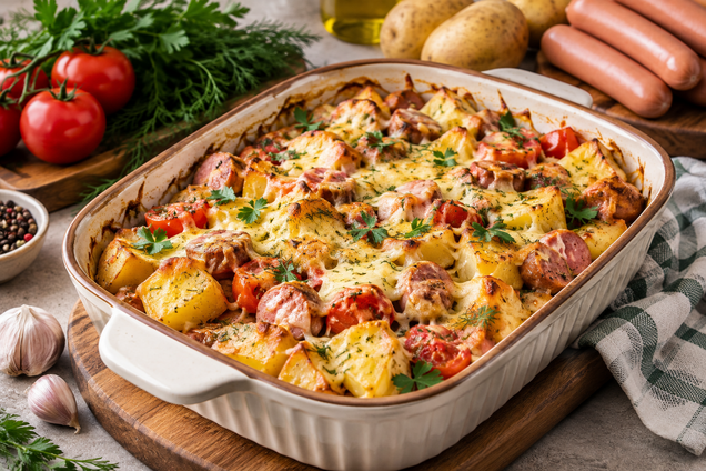 Рецепт запеченного картофеля с сосисками