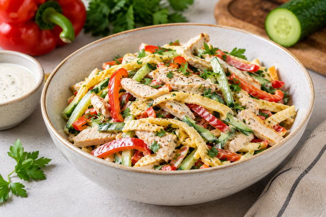 Сытный белковый салат с куриным филе и овощами: чем заправить