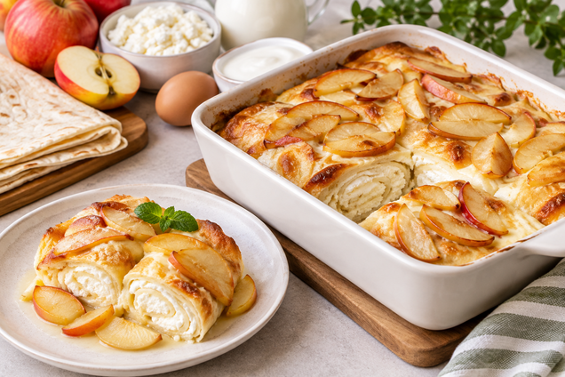 Ленивые блины с творогом и яблоками: простой рецепт в духовке