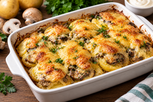 Картофель с грибами и сыром в духовке: простой рецепт обеда