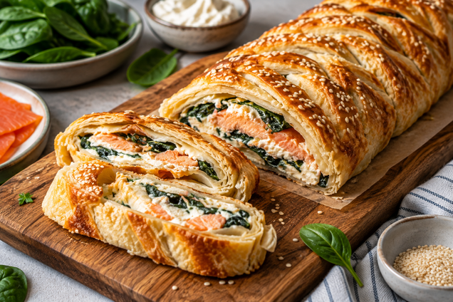 Что приготовить из слоеного теста: плетеный пирог с красной рыбой и сыром